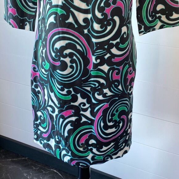 Banana Republic Black Pink Green Scroll Swirl 3/4 Sleeve Shift Dress Size 2 - Picture 3 of 8